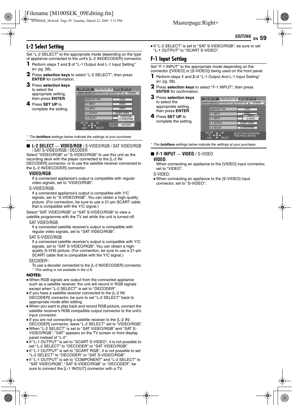 A pg. 59), Masterpage:right, L-2 select setting | F-1 input setting, Editing, L-2 select, Video/rgb, F-1 input, Video | JVC DR-M100S User Manual | Page 59 / 80