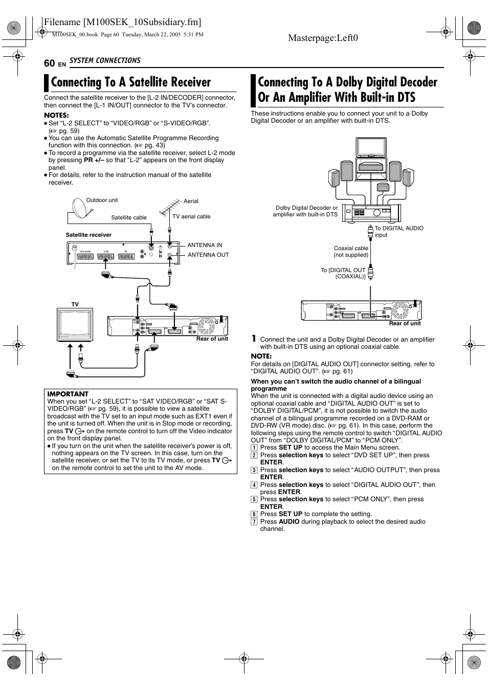 System connections, Connecting to a satellite receiver, Amplifier with built-in dts | Aconnecting to a, Satellite receiver, Ll. (a pg. 60), R to, Aimportantb on p | JVC DR-M100S User Manual | Page 60 / 80