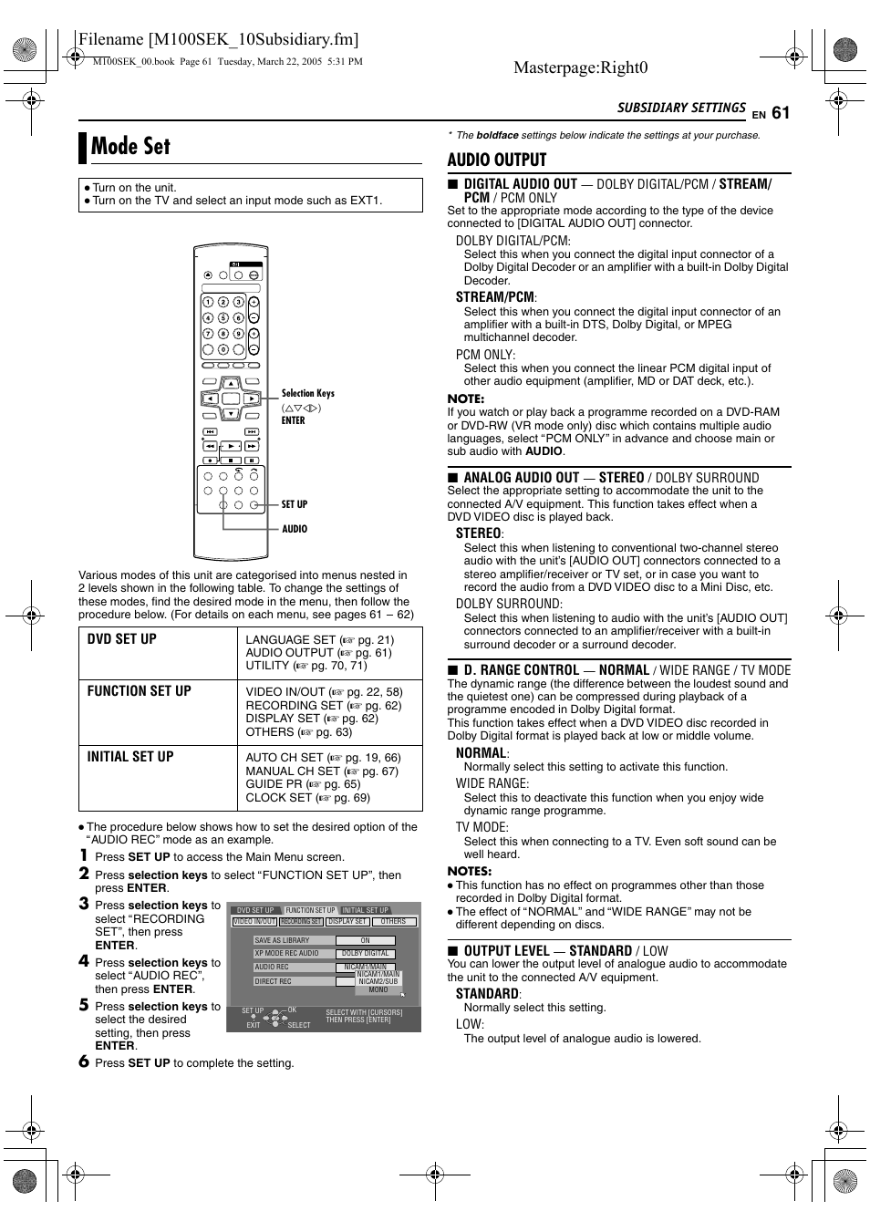 Subsidiary settings, Mode set, A pg. 61 | A pg. 61), Vr mode) disc. (a pg. 61). in th, Masterpage:right0, Audio output | JVC DR-M100S User Manual | Page 61 / 80