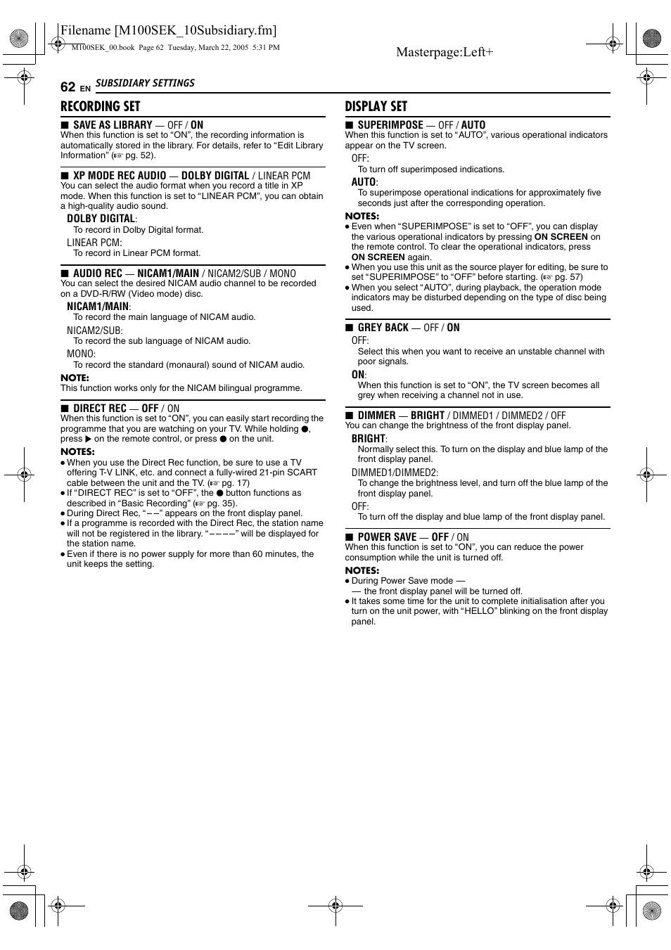 A pg. 62) f, A pg. 62), The disc. (a pg. 62) | Ting. (a pg. 62), Recording set, Display set | JVC DR-M100S User Manual | Page 62 / 80