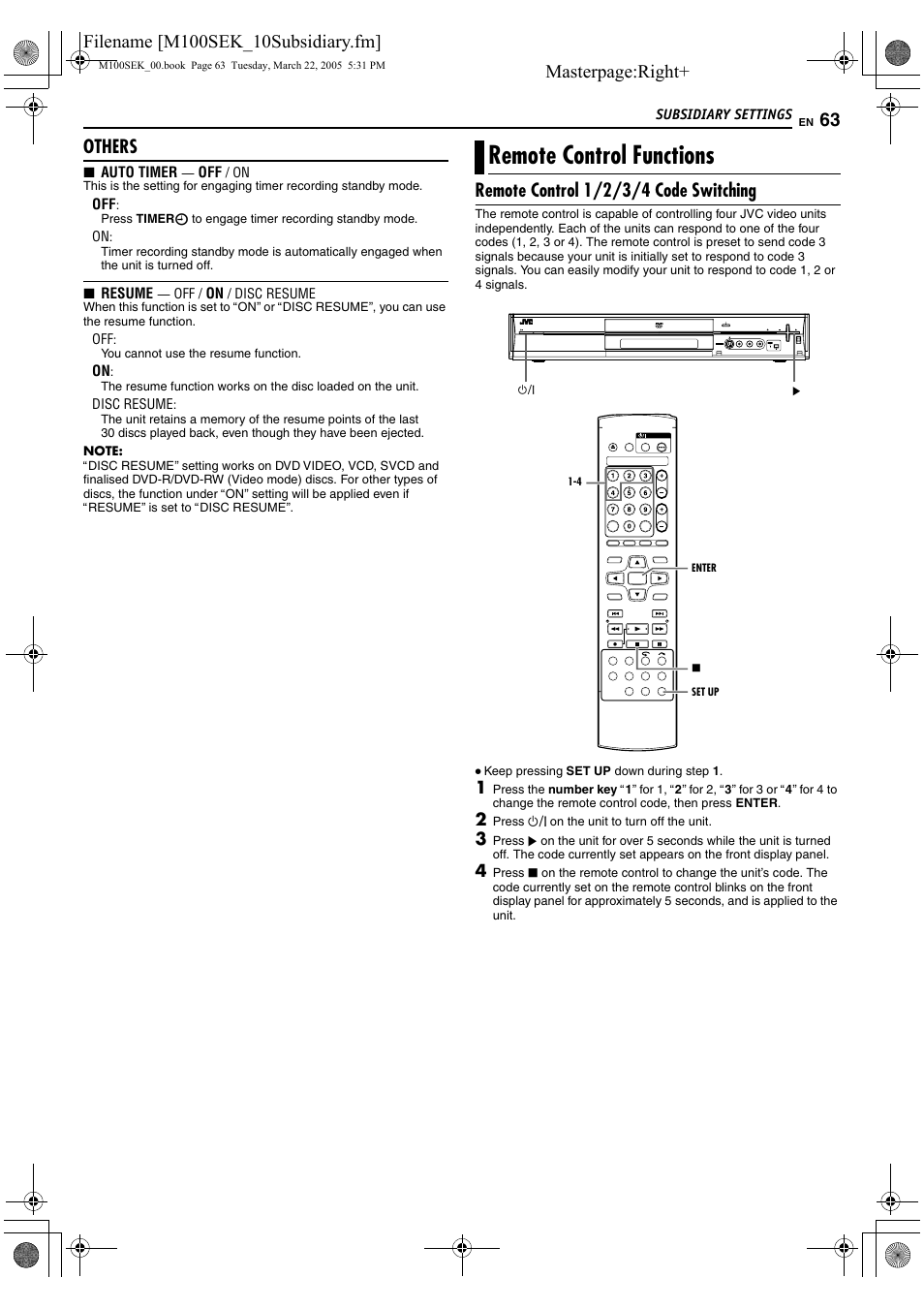 Remote control functions, A pg. 63), Pg. 63) | Masterpage:right, Others, Remote control 1/2/3/4 code switching | JVC DR-M100S User Manual | Page 63 / 80