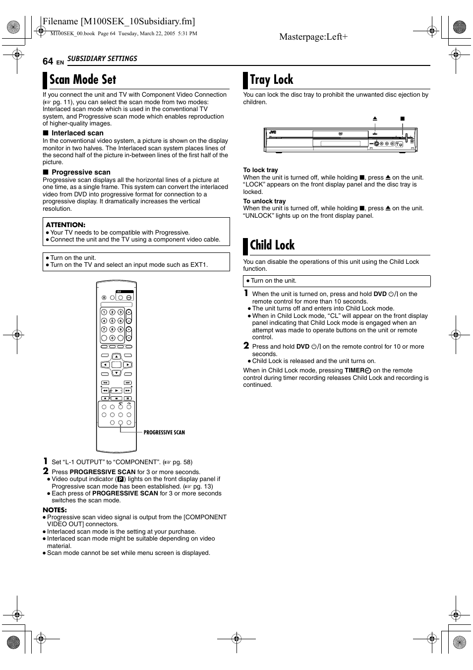 Scan mode set, Tray lock, Child lock | Scan mode set tray lock child lock, A pg. 64, Ascan mode setb (a pg. 64), Tray lock child lock | JVC DR-M100S User Manual | Page 64 / 80