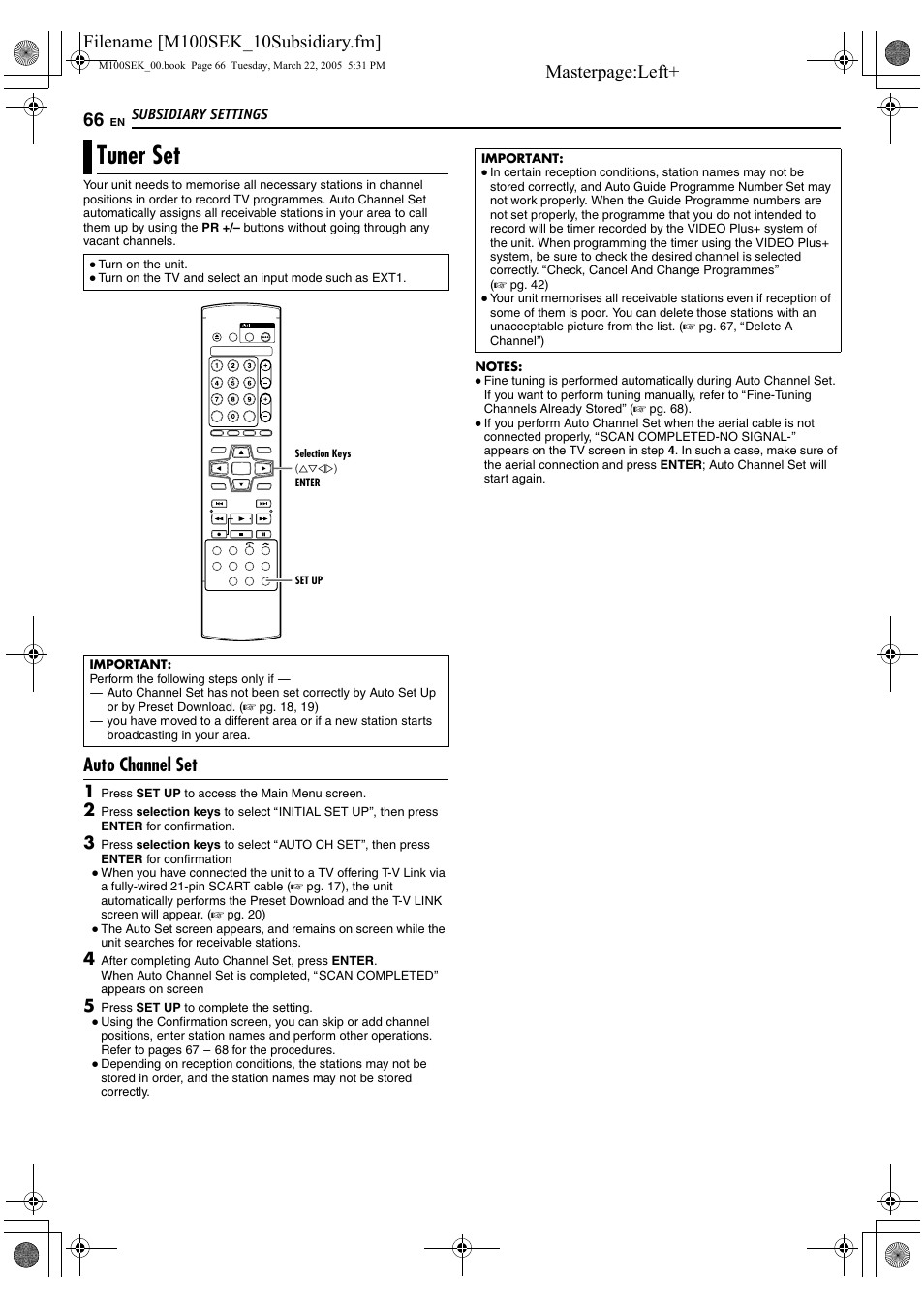 Tuner set, Ner setting (a pg. 66), Setting. (a pg. 66) | Hannel set (a pg. 66) sets the guid, Auto channel set | JVC DR-M100S User Manual | Page 66 / 80