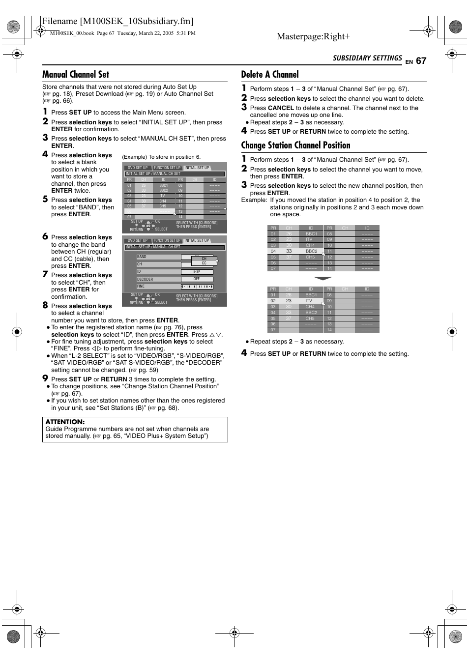 A pg. 67, Adelete a channelb), A pg. 67) | The list. (a pg. 67, Adelete a, Channel, Masterpage:right, Manual channel set, Delete a channel, Change station channel position | JVC DR-M100S User Manual | Page 67 / 80