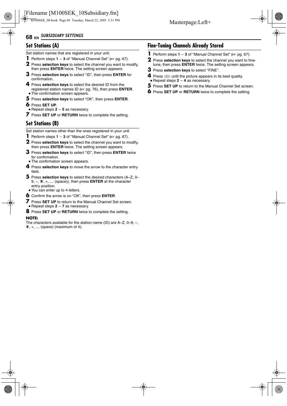 A pg. 68), D 68, 68 f | R to, Afine-tuning, Channels already stored, B (a pg. 68), Aset stations (b)b (a pg. 68), Set stations (a), Set stations (b) | JVC DR-M100S User Manual | Page 68 / 80