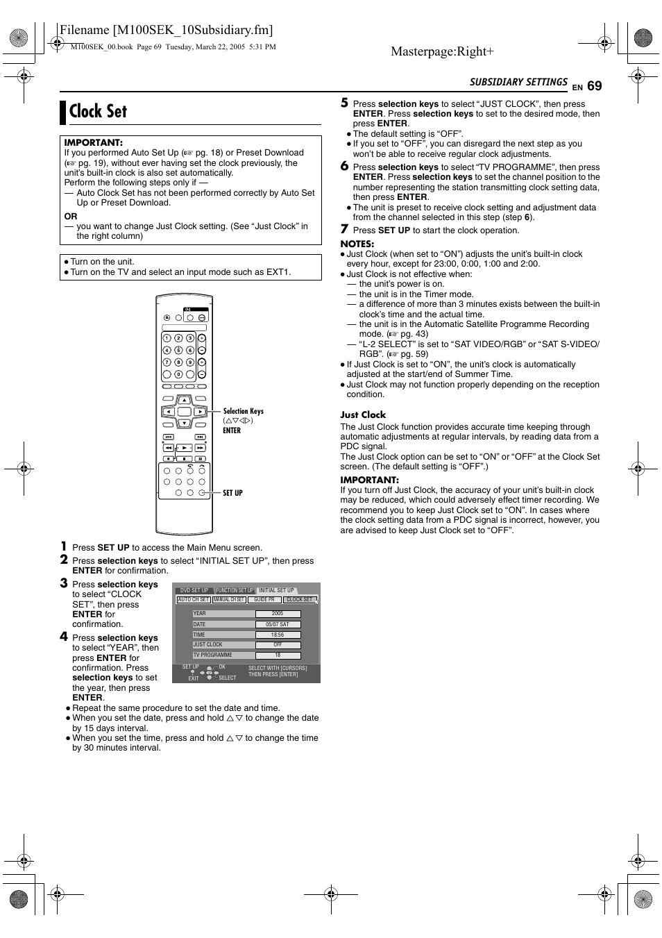 Clock set, A pg. 69), It. (a pg. 69) | K setting (a pg. 69), Aclock setb (a pg. 69), K (a pg. 69) does not, Masterpage:right | JVC DR-M100S User Manual | Page 69 / 80