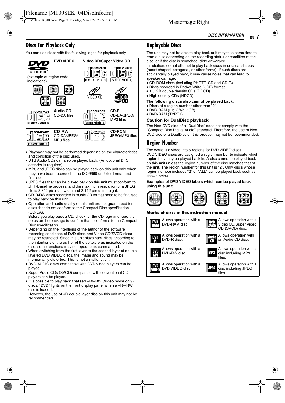 Masterpage:right, Discs for playback only, Unplayable discs | Region number | JVC DR-M100S User Manual | Page 7 / 80