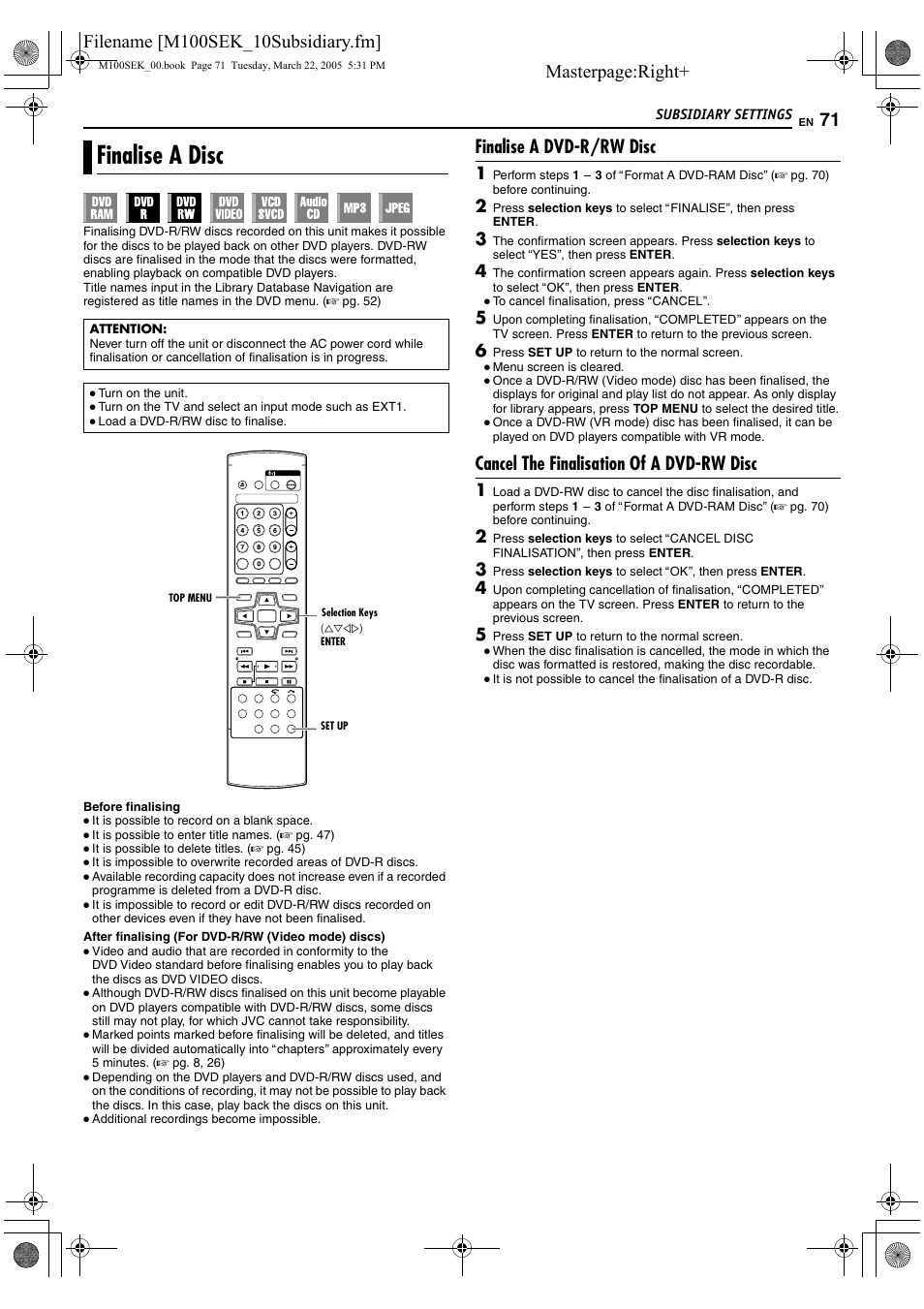 Finalise a disc, Afinalise a discb (a pg. 71), Masterpage:right | Finalise a dvd-r/rw disc, Cancel the finalisation of a dvd-rw disc | JVC DR-M100S User Manual | Page 71 / 80