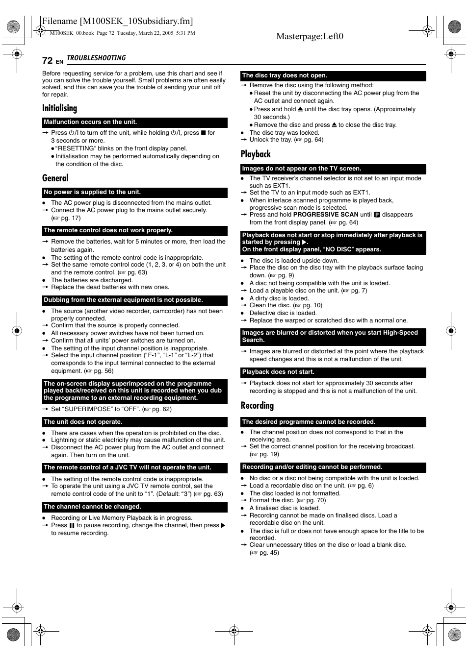 Troubleshooting, Initialising, General | Playback, Recording | JVC DR-M100S User Manual | Page 72 / 80