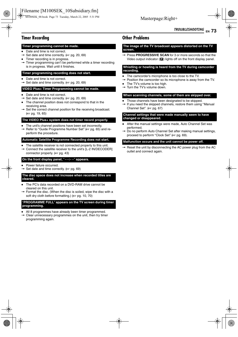 Masterpage:right, Timer recording, Other problems | JVC DR-M100S User Manual | Page 73 / 80