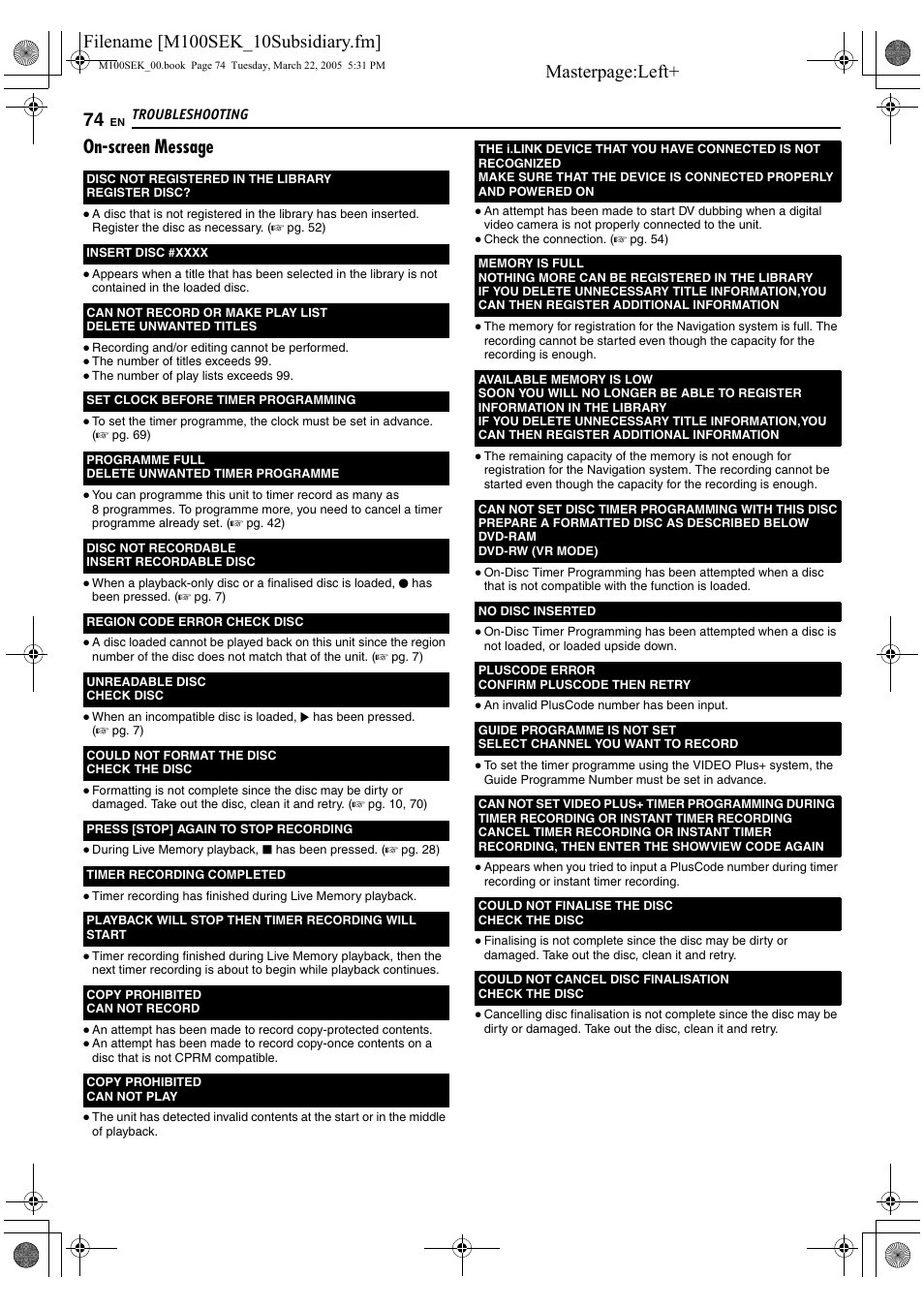 On-screen message | JVC DR-M100S User Manual | Page 74 / 80