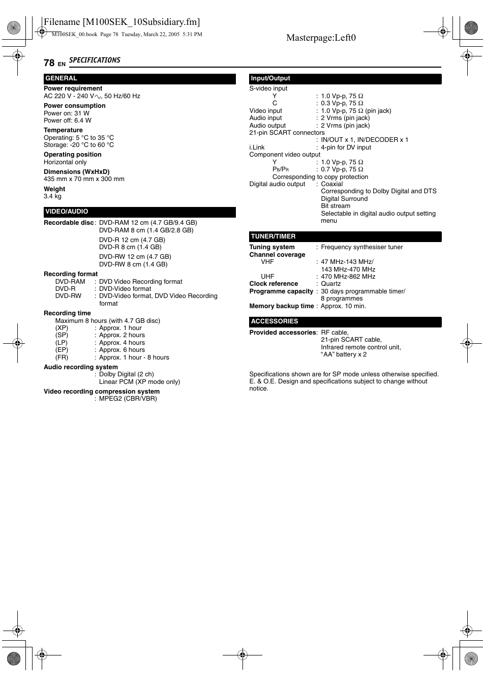 Specifications | JVC DR-M100S User Manual | Page 78 / 80