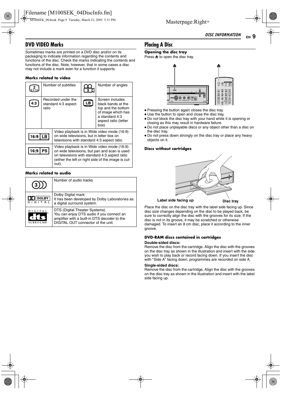 Masterpage:right, Dvd video marks, Placing a disc | JVC DR-M100S User Manual | Page 9 / 80