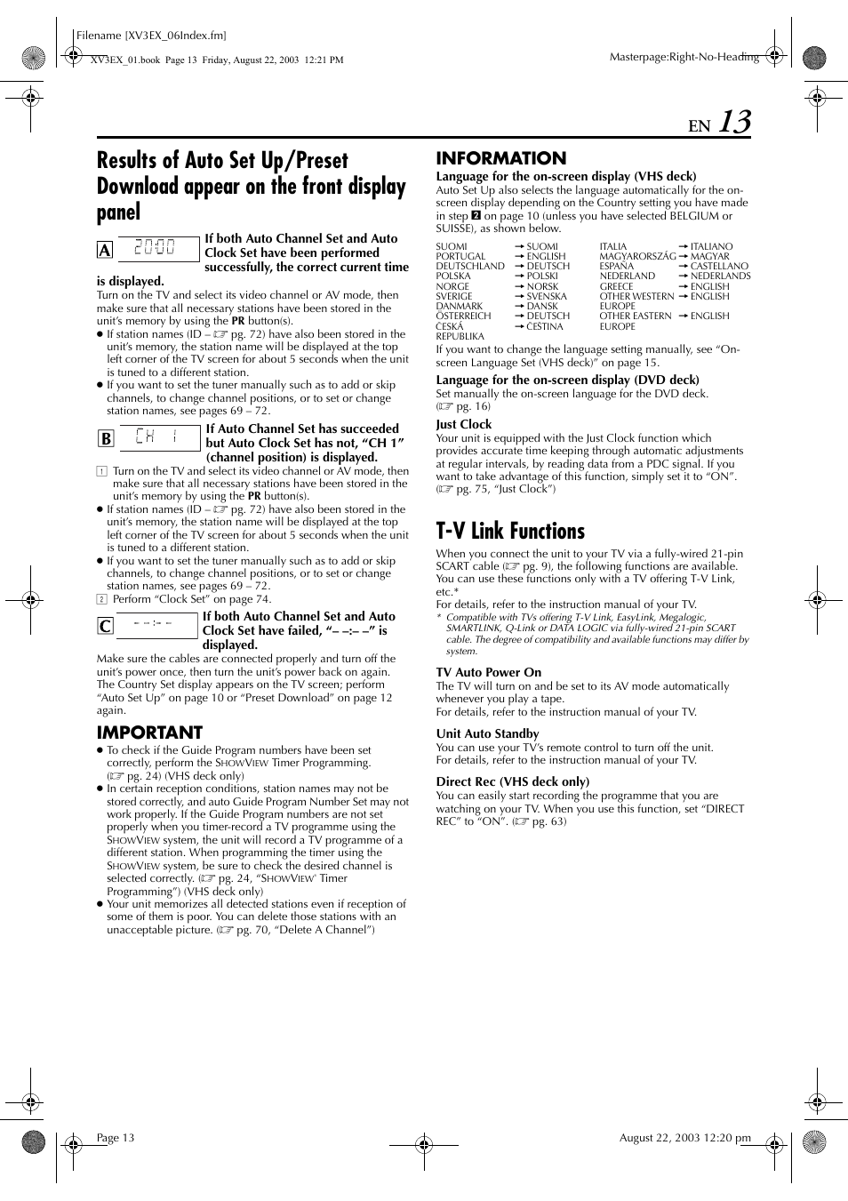 Tv link functions, T-v link functions, Important | Information | JVC HR-XV3E User Manual | Page 13 / 84