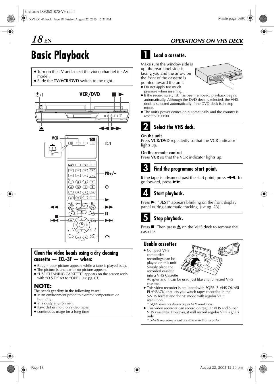 Operations on vhs deck, Basic playback, Vcr indicator | Pg. 18, 21, Vd button, Pg. 18, Pg. 18, 1, Pg. 18, 19, Vcr button, Pg. 18, 30 | JVC HR-XV3E User Manual | Page 18 / 84
