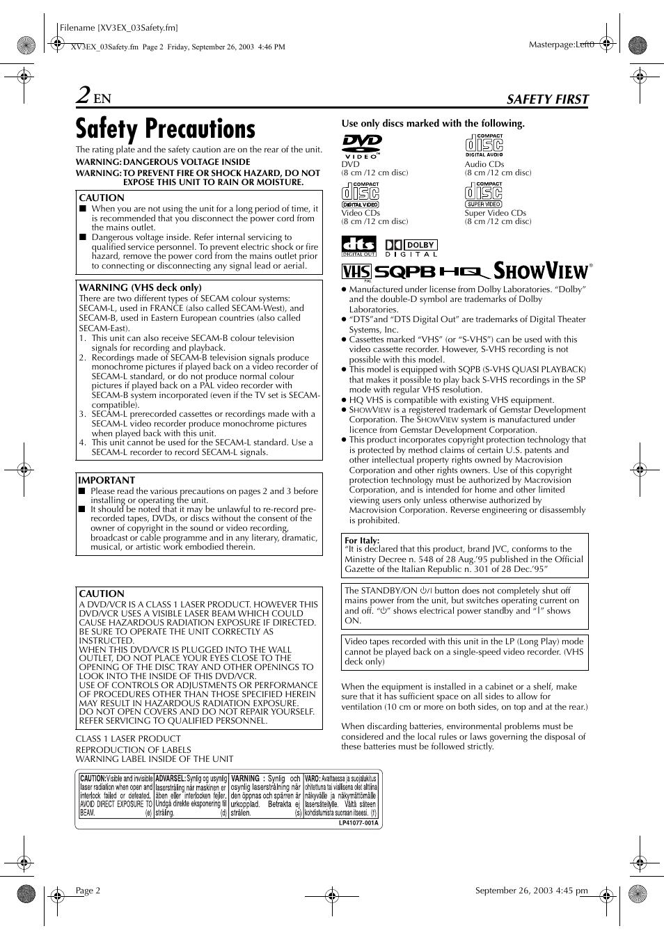 Safety first, Safety precautions | JVC HR-XV3E User Manual | Page 2 / 84