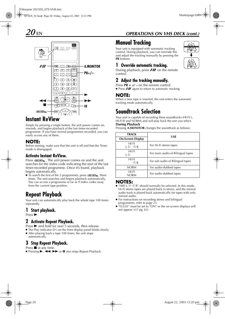 Instant review, Repeat playback, Manual tracking | Soundtrack selection, Pg. 20, Tton, Operations on vhs deck (cont.), Activate instant review, Start playback, Activate repeat playback | JVC HR-XV3E User Manual | Page 20 / 84