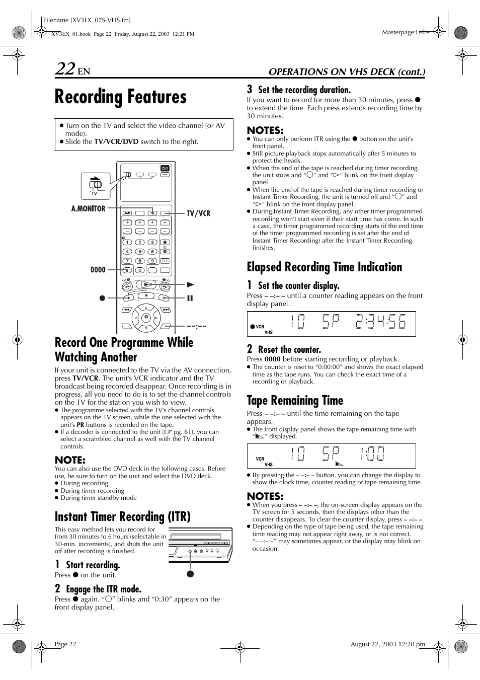 Recording features, Record one programme while watching another, Instant timer recording (itr) | Elapsed recording time indication, Tape remaining time, Dicator, Pg. 22, Cator, 2, 26), the, Operations on vhs deck (cont.) | JVC HR-XV3E User Manual | Page 22 / 84