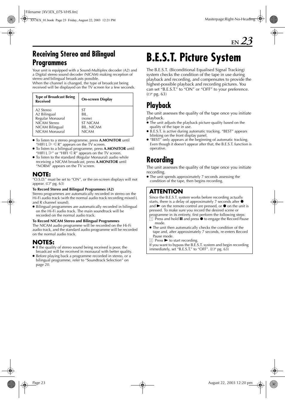 Receiving stereo and bilingual programmes, B.e.s.t. picture system, Playback | Recording, Pg. 23, Pg. 23), Attention | JVC HR-XV3E User Manual | Page 23 / 84