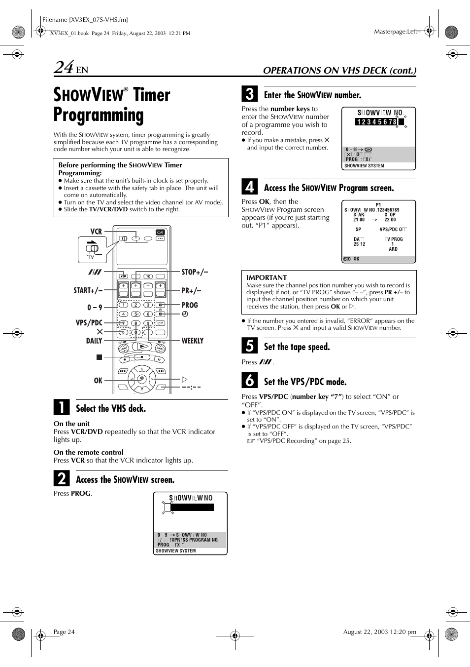 Showview® timer programming, Timer programming, Pg. 24, 26 | Pg. 24, Pg. 24) (vhs d, Pg. 24, “s, Timer, Programming”) (vhs dec | JVC HR-XV3E User Manual | Page 24 / 84