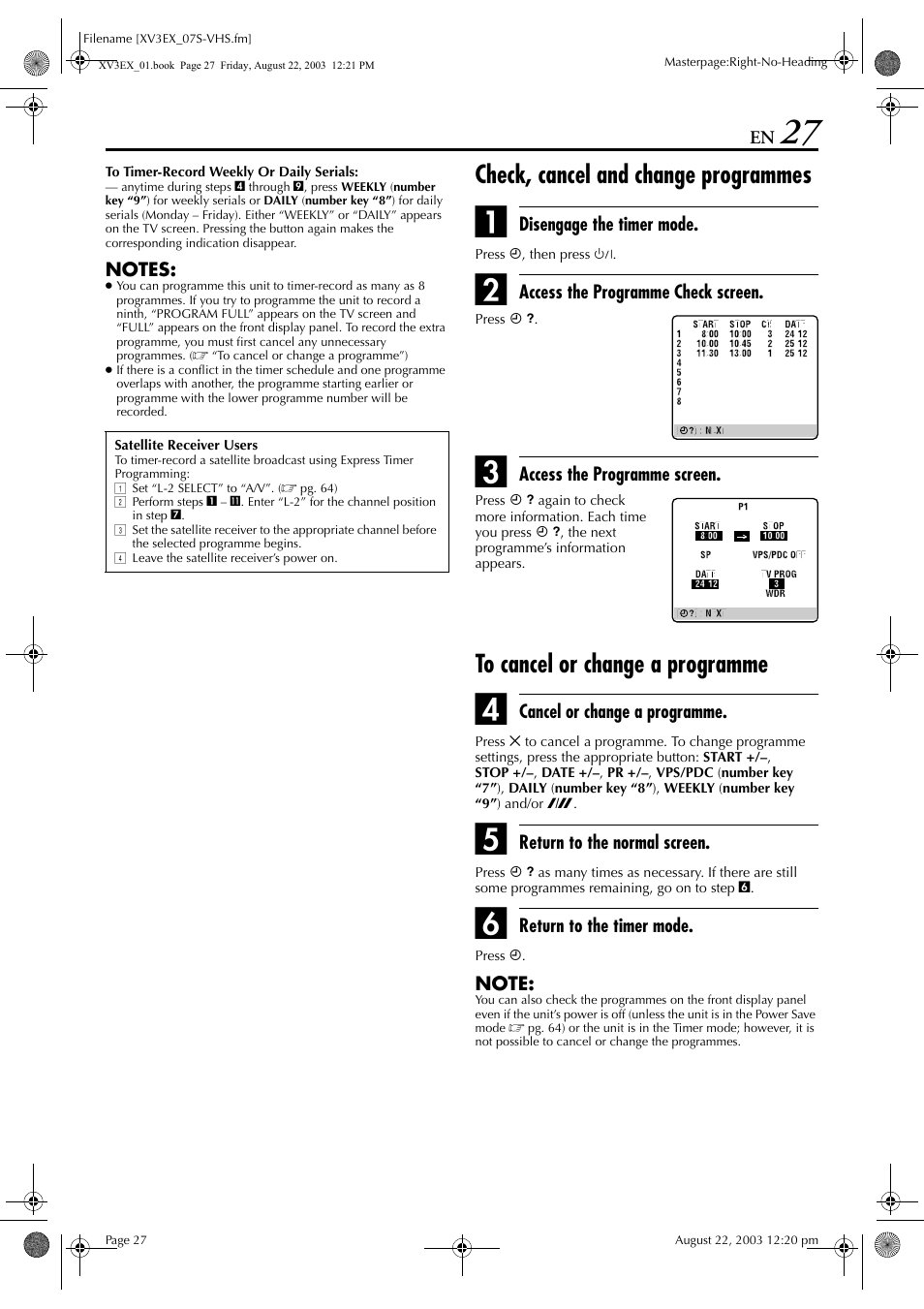 Check, cancel and change programmes, To cancel or change a programme, Pg. 27 | Pg. 27) | JVC HR-XV3E User Manual | Page 27 / 84