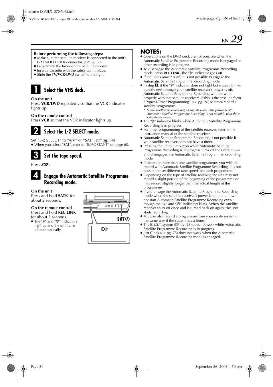 Select the vhs deck, Select the l-2 select mode, Set the tape speed | JVC HR-XV3E User Manual | Page 29 / 84