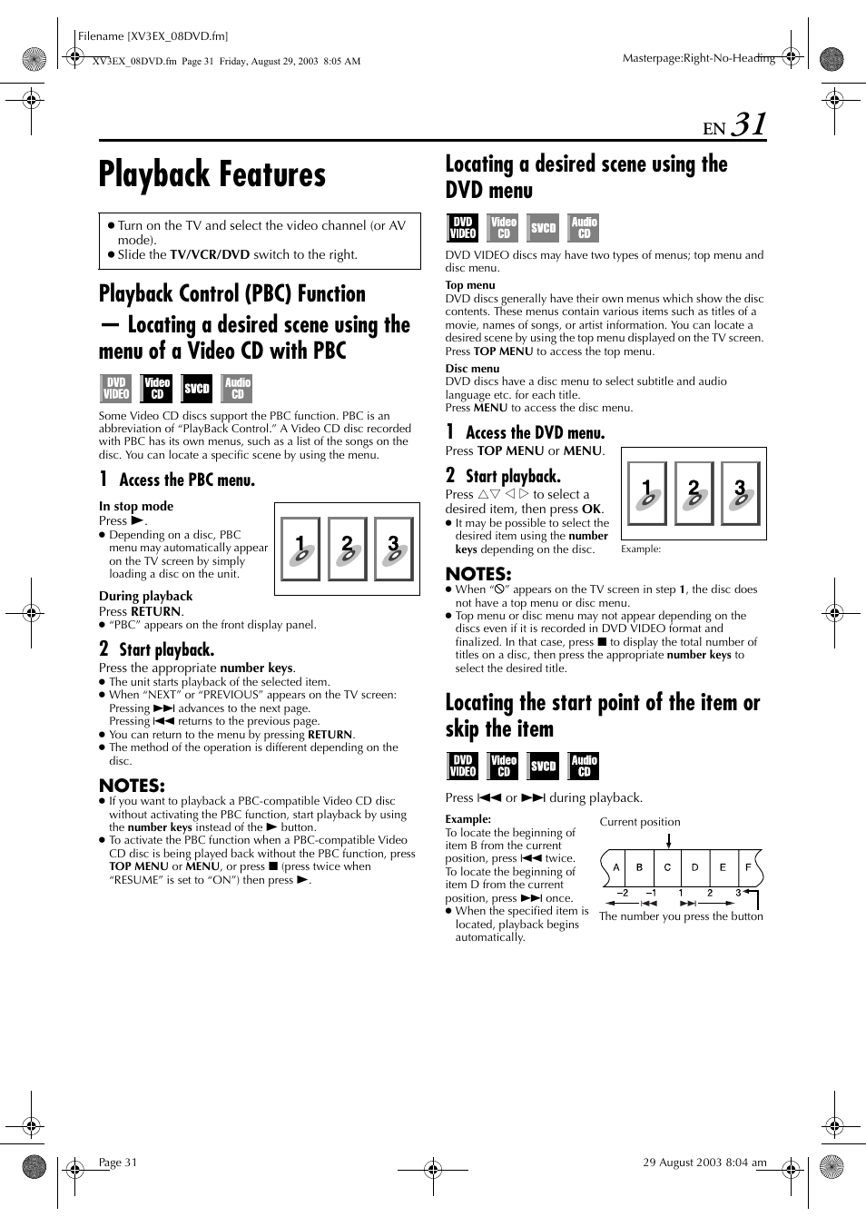 Playback features, Playback control (pbc) function, Locating a desired scene using the dvd menu | Pg. 31, Pg. 31) o, Locating a desired, Scene using the dvd menu, Pg. 31) | JVC HR-XV3E User Manual | Page 31 / 84