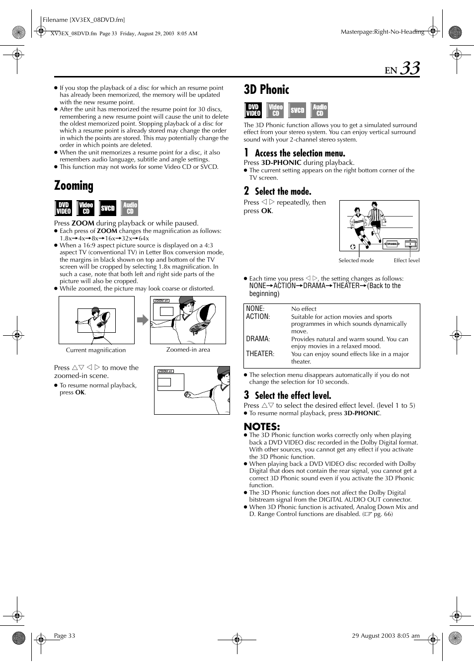 Zooming, 3d phonic, Pg. 33 | Access the selection menu, Select the mode, Select the effect level | JVC HR-XV3E User Manual | Page 33 / 84