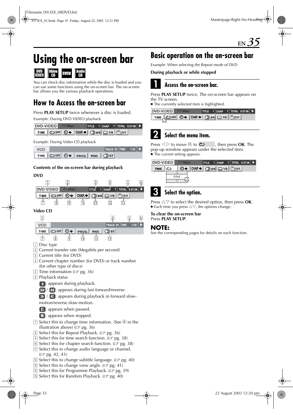 Using the on-screen bar, How to access the on-screen bar, Basic operation on the on-screen bar | R to “using the on-screen bar, Pg. 35) | JVC HR-XV3E User Manual | Page 35 / 84