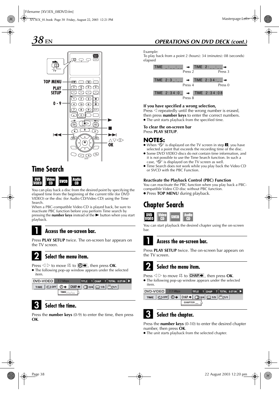 Time search, Chapter search, Pg. 38) | JVC HR-XV3E User Manual | Page 38 / 84