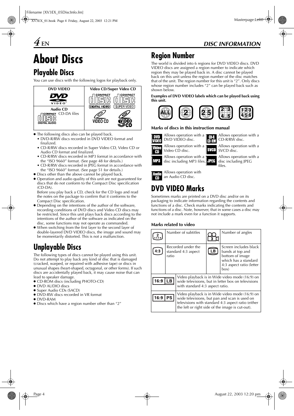 Disc information, About discs, Playable discs | Unplayable discs, Region number, Dvd video marks | JVC HR-XV3E User Manual | Page 4 / 84