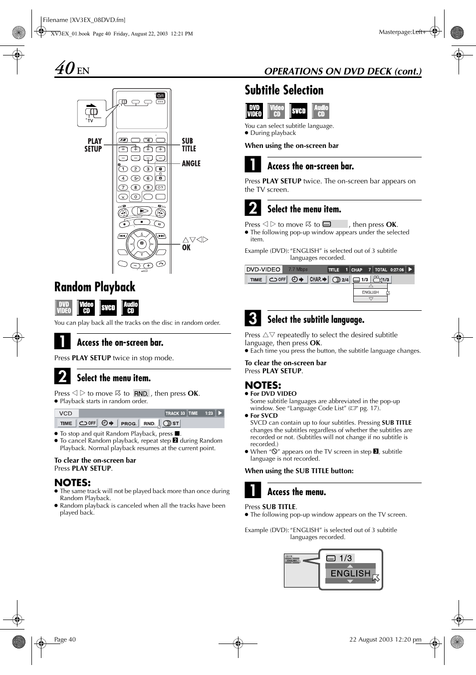 Random playback, Subtitle selection, Title) | Pg. 40, Subtitle language, Pg. 40) | JVC HR-XV3E User Manual | Page 40 / 84