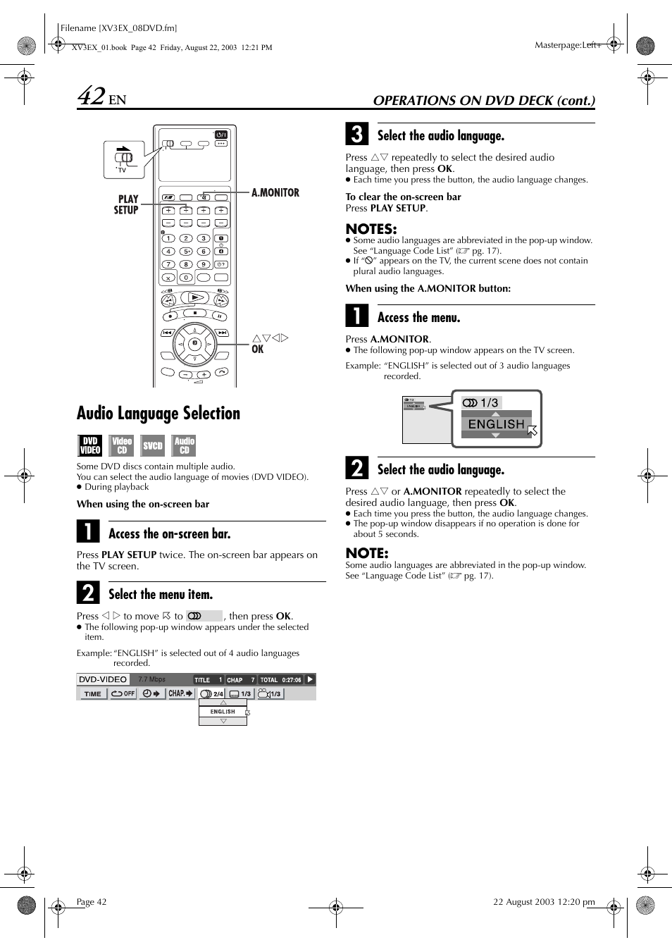 Audio language selection, Pg. 42, 4 | JVC HR-XV3E User Manual | Page 42 / 84