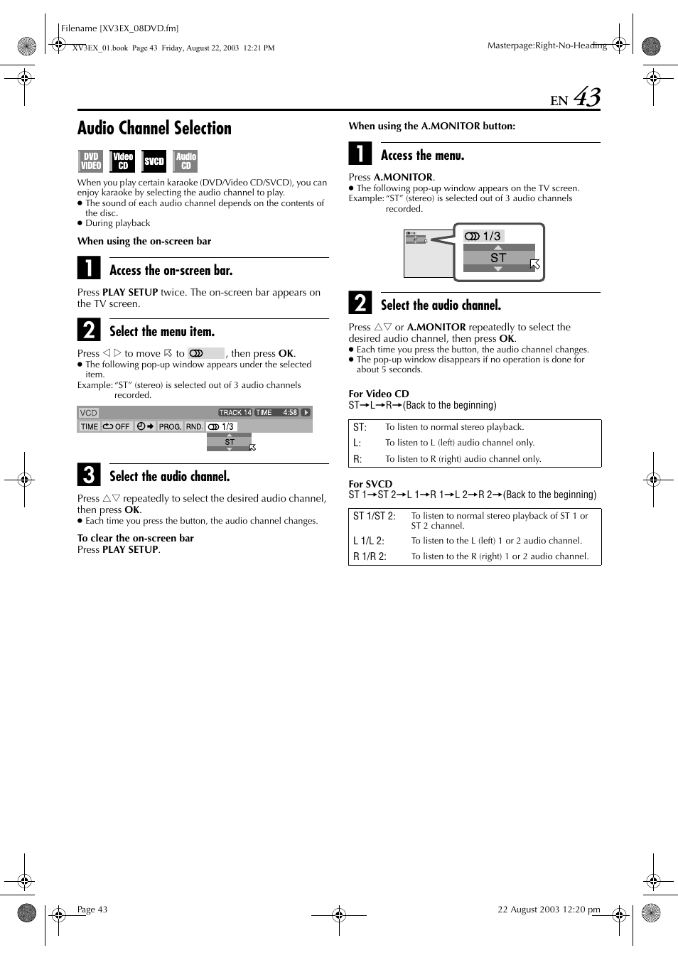 Audio channel selection | JVC HR-XV3E User Manual | Page 43 / 84
