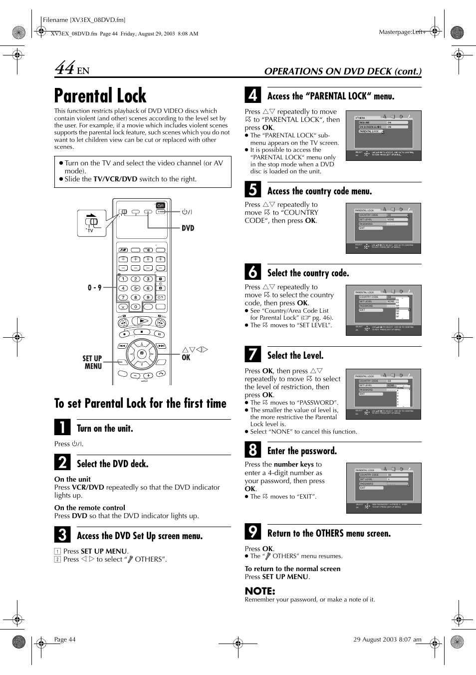 Parental lock, To set parental lock for the first time, Operations on dvd deck (cont.) | Turn on the unit, Select the dvd deck, Access the dvd set up screen menu, Access the “parental lock“ menu, Access the country code menu, Select the country code, Select the level | JVC HR-XV3E User Manual | Page 44 / 84