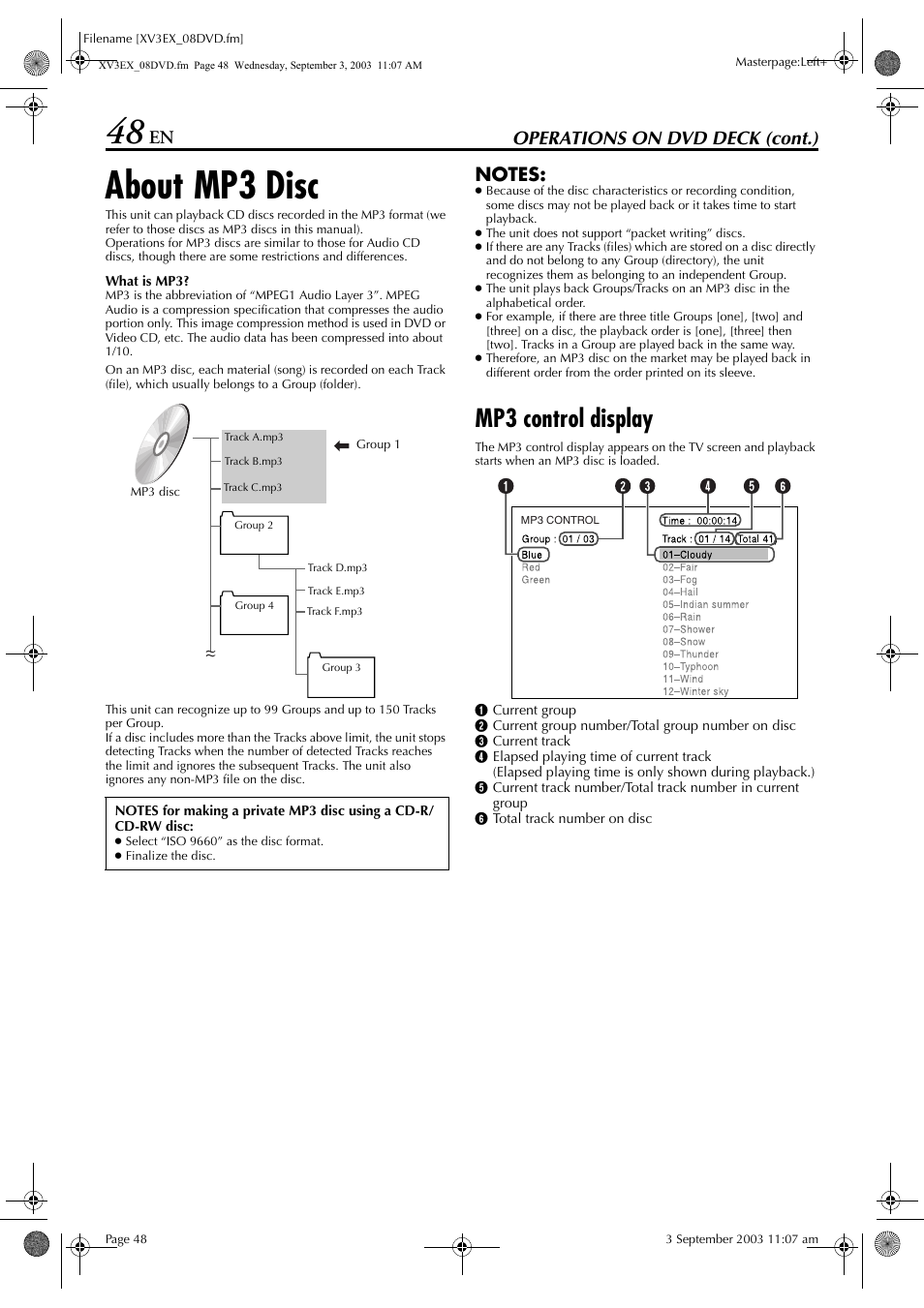 About mp3 disc, Mp3 control display, Operations on dvd deck (cont.) | JVC HR-XV3E User Manual | Page 48 / 84