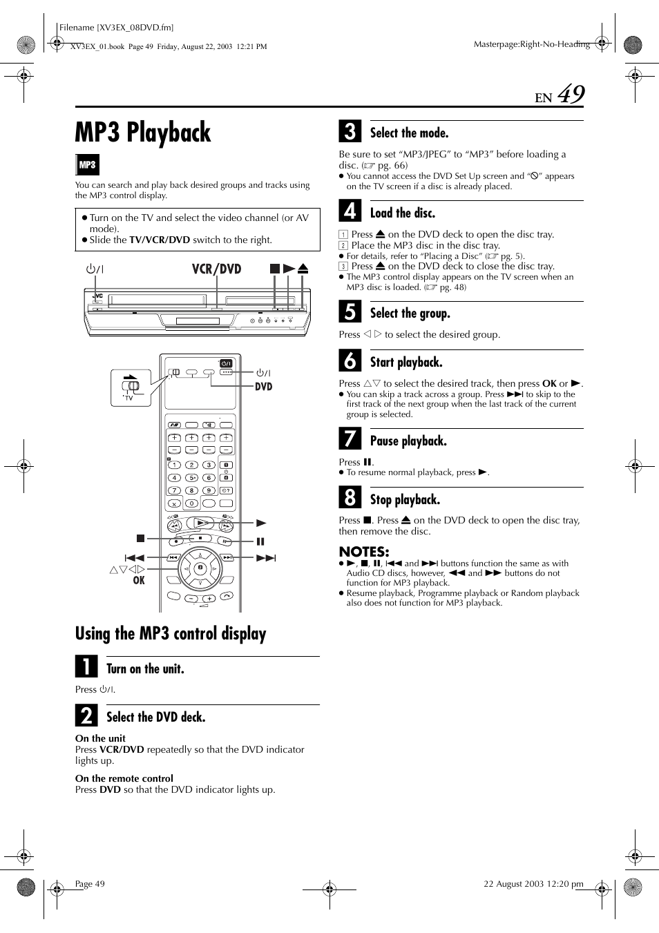 Mp3 playback, Using the mp3 control display | JVC HR-XV3E User Manual | Page 49 / 84
