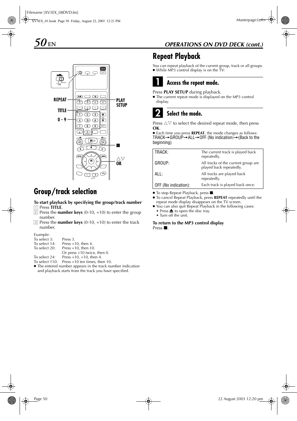 Group/track selection, Repeat playback, Pg. 5 | Operations on dvd deck (cont.), Access the repeat mode, Select the mode | JVC HR-XV3E User Manual | Page 50 / 84