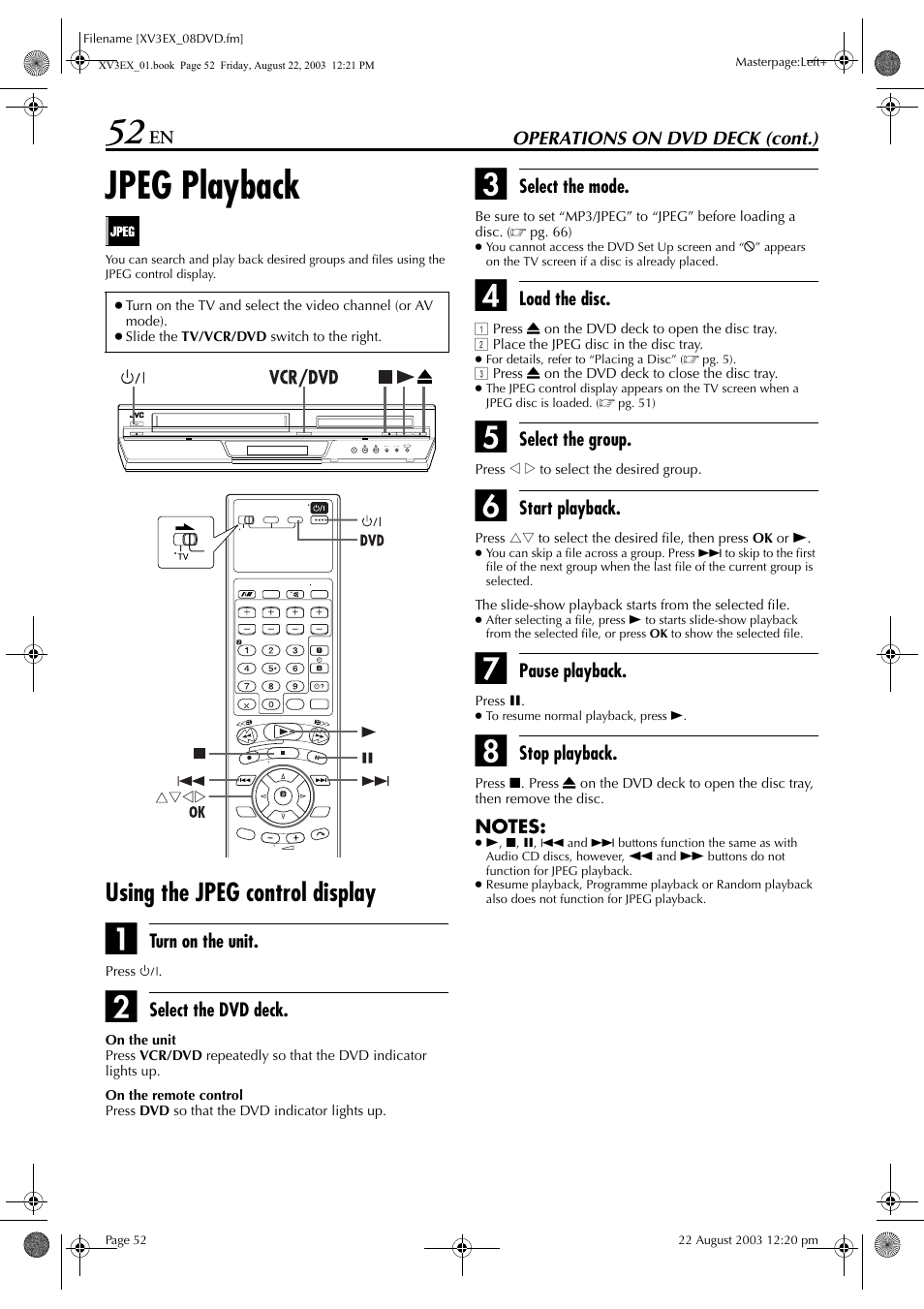 Jpeg playback, Using the jpeg control display | JVC HR-XV3E User Manual | Page 52 / 84