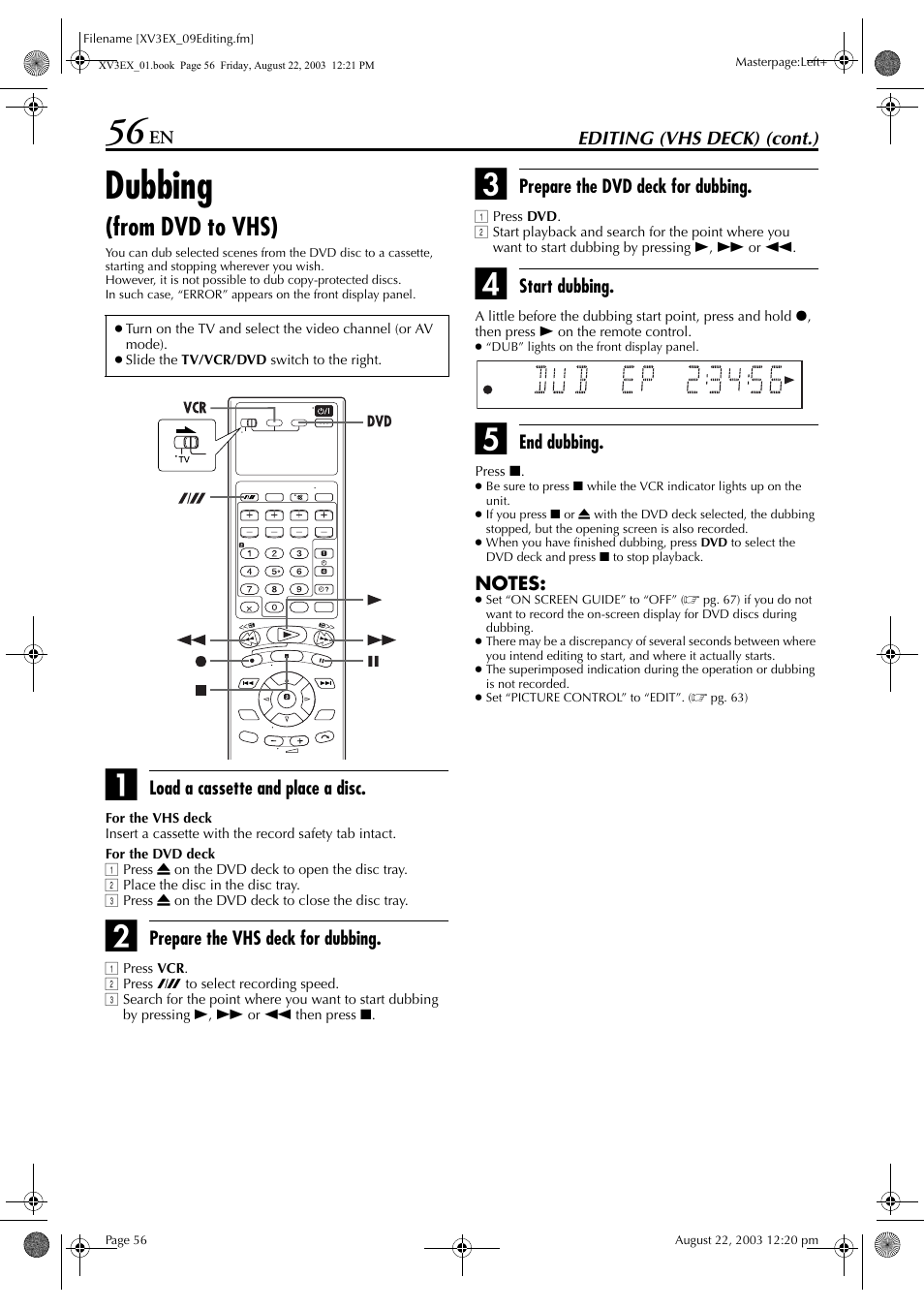 Dubbing (from dvd to vhs), Dubbing | JVC HR-XV3E User Manual | Page 56 / 84