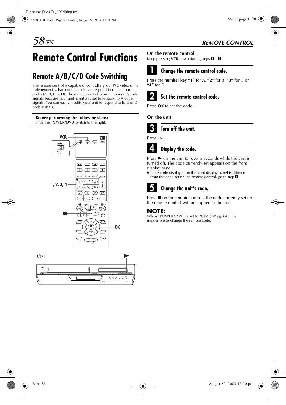 Remote control, Remote control functions, Remote a/b/c/d code switching | JVC HR-XV3E User Manual | Page 58 / 84