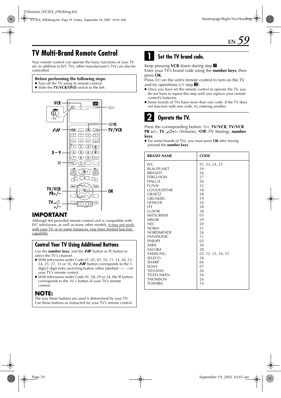 Tv multi-brand remote control, Pg. 59, Pg. 59) | JVC HR-XV3E User Manual | Page 59 / 84