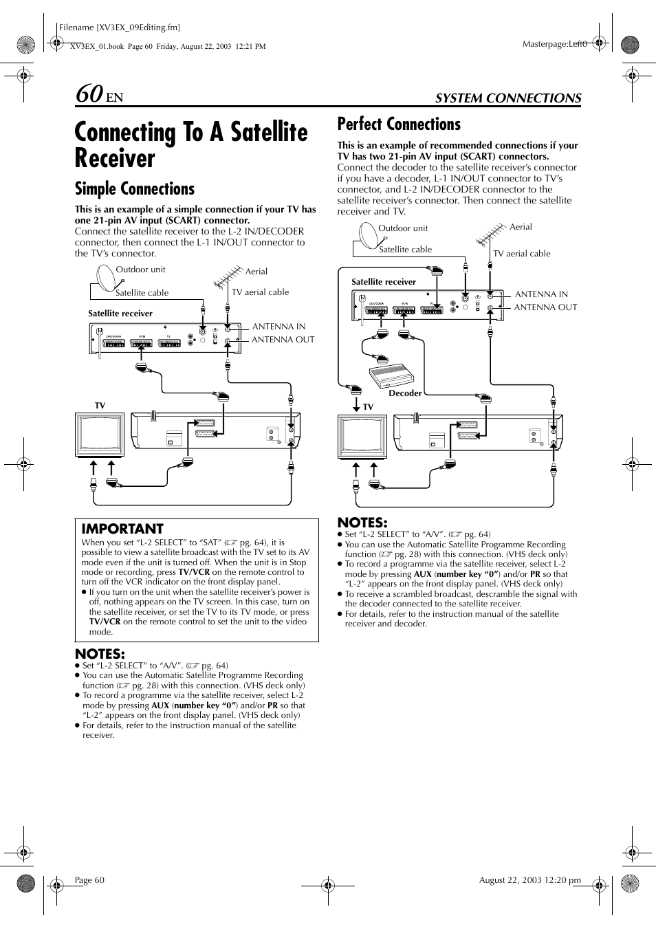 System connections, Connecting to a satellite receiver, Simple connections | Perfect connections, T”, refer to “important” on p, Pg. 60), Important | JVC HR-XV3E User Manual | Page 60 / 84
