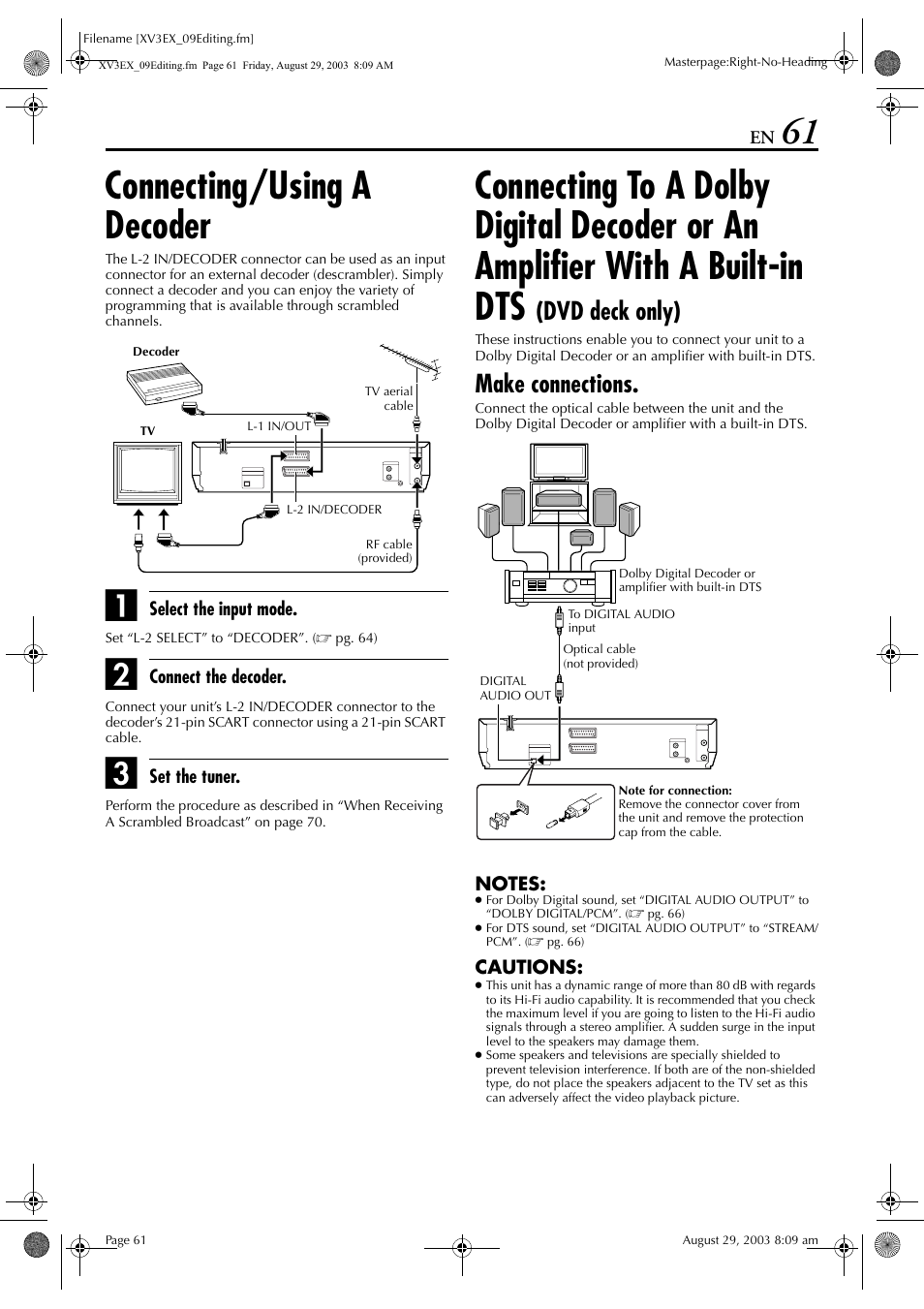 Connecting/using a decoder, Make connections, With a built-in dts (dvd deck only) | Dvd deck only) | JVC HR-XV3E User Manual | Page 61 / 84