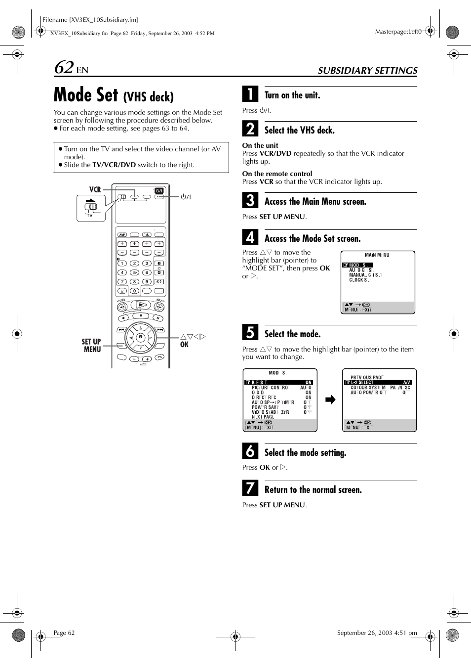 Subsidiary settings, Mode set (vhs deck), Mode set | Vhs deck) | JVC HR-XV3E User Manual | Page 62 / 84