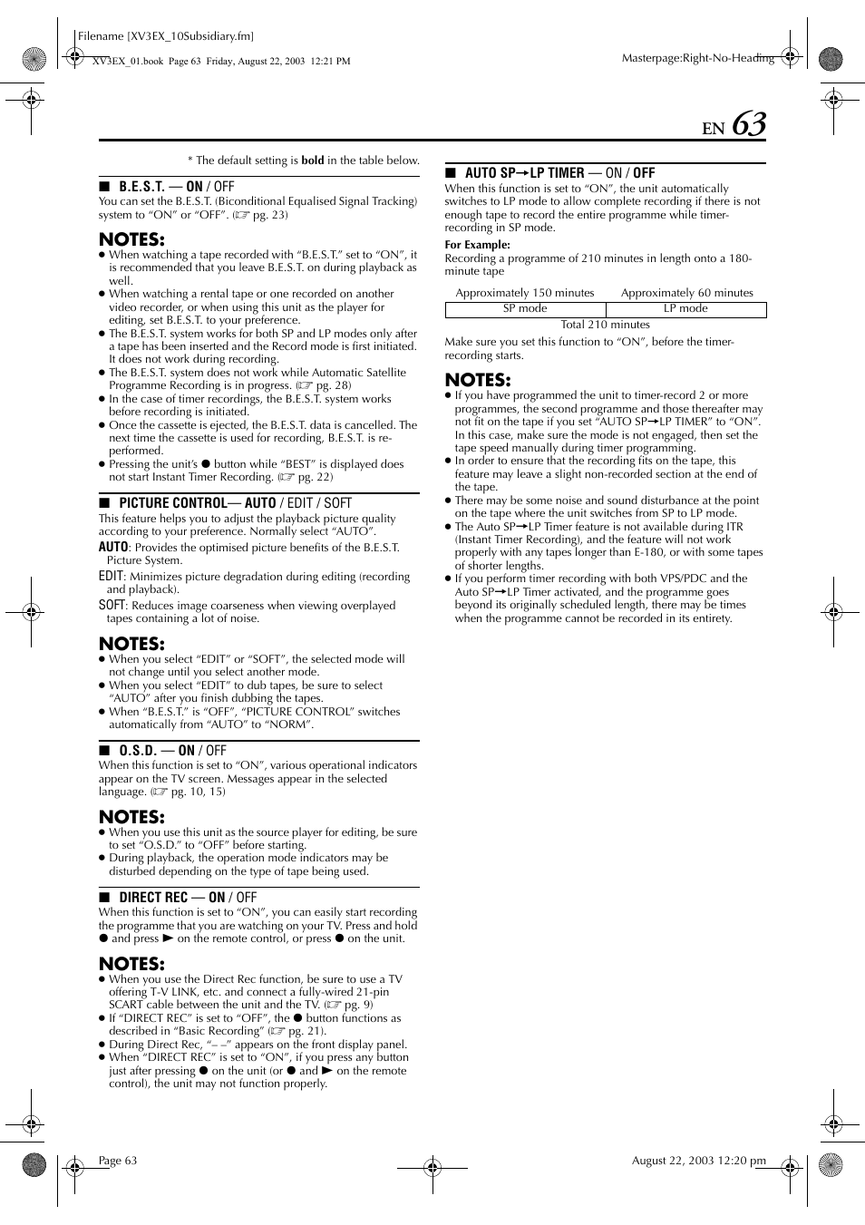 Pg. 63), Rec” to “on, Set to “on | Pg. 63), “m, C” is set to “on, Pg. 63), if y, En will be recorded, Ting | JVC HR-XV3E User Manual | Page 63 / 84