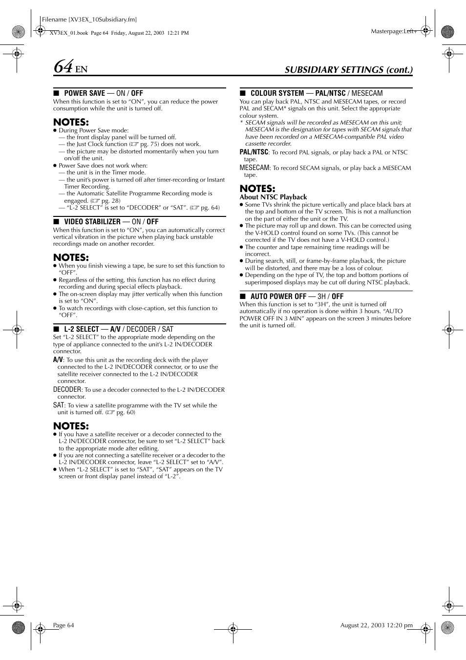 Pg. 64), “sa, Pg. 64), Pg. 64) o | Ve” is set to “on, Pg. 64), it is, Decoder, Subsidiary settings (cont.) | JVC HR-XV3E User Manual | Page 64 / 84