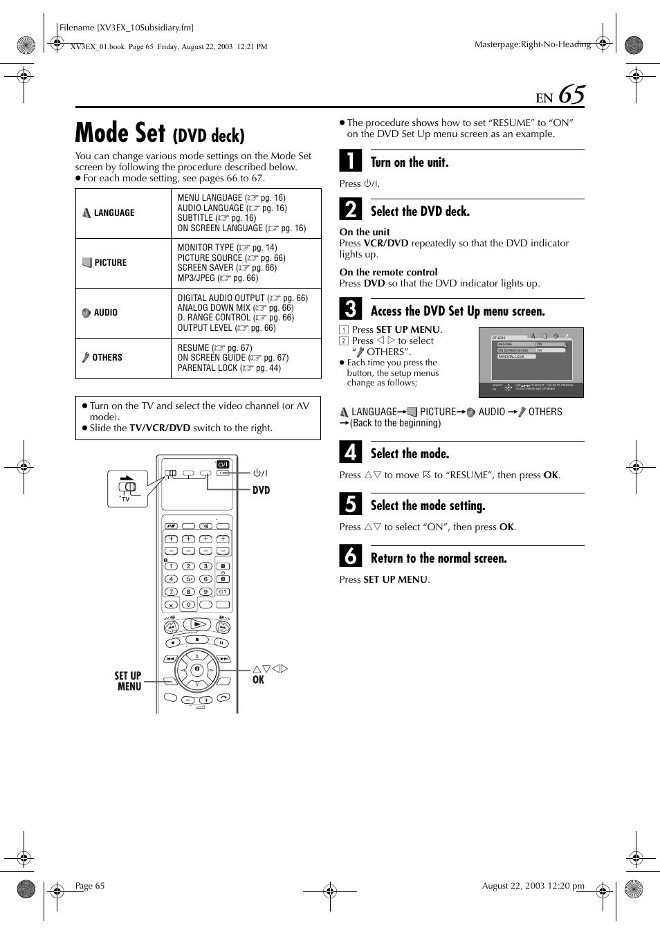 Mode set (dvd deck), Mode set, Dvd deck) | Turn on the unit, Select the dvd deck, Access the dvd set up menu screen, Select the mode, Select the mode setting, Return to the normal screen | JVC HR-XV3E User Manual | Page 65 / 84