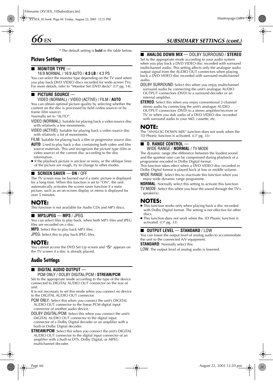 Disc, Pg. 66), Nd, set “digital a | R dts sound, set, S 66, Subsidiary settings (cont.), Picture settings, Audio settings | JVC HR-XV3E User Manual | Page 66 / 84