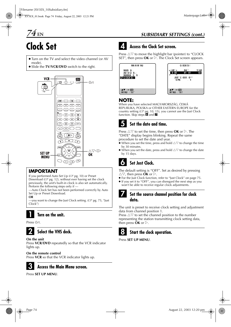 Clock set, K manually, Pg. 74), then | Pg. 74, Rform “clock set | JVC HR-XV3E User Manual | Page 74 / 84